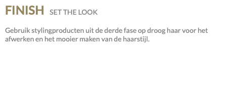 FINISH SET THE LOOK Gebruik stylingproducten uit de derde fase op droog haar voor het afwerken en het mooier maken van de haarstijl.